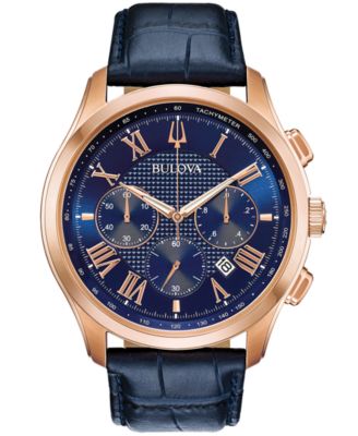 Bulova - Men's Chronograph Wilton Blue Leather Strap Watch 46.5mm