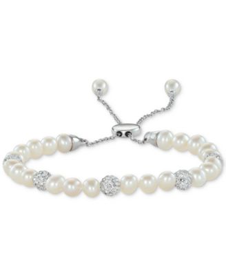 Macy's - Cultured Freshwater Pearl (6-1/2mm) & Crystals Bolo Bracelet in Sterling Silver