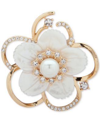 Anne Klein - Gold-Tone Imitation Pearl, Mother-of-Pearl & Crystal Flower Pin