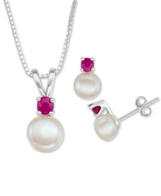Macy's - Cultured Freshwater Pearl (6mm-7mm) & Blue Topaz (1/2 ct. t.w.) 18" Pendant Necklace & Stud Earrings Set in Sterling Silver