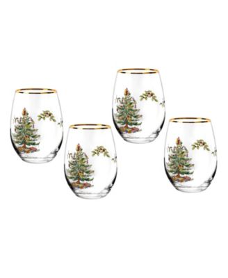 Spode - Christmas Tree 19 oz. Stemless Wine Glasses, Set of 4