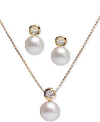 Macy's - 2-Pc. Set Cultured Freshwater Pearl (8mm) & Cubic Zirconia 18" Pendant Necklace and Stud Earrings Set in 18k Gold-Plated Sterling