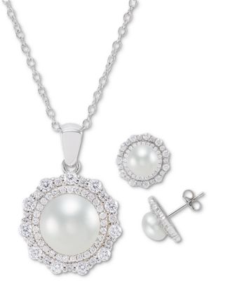 Macy's - 2-Pc. Set Cultured Freshwater Pearl (7mm & 9mm) Cubic Zirconia Pendant Necklace & Matching Stud Earrings in Sterling Silver