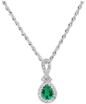 Macy's - Emerald (1/4 ct. t.w.) & Diamond (1/10 ct. t.w.) Teardrop 18" Pendant Necklace in 14k White Gold
