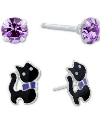 Giani Bernini - 2-Pc. Set Crystal Solitaire & Enamel Cat Stud Earrings in Sterling Silver