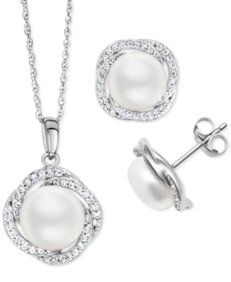 Macy's - 2-Pc. Set Cultured Freshwater Pearl (9mm) & White Zircon (1-1/5 ct. t.w.) Pendant Necklace & Matching Stud Earrings in Sterling Silver