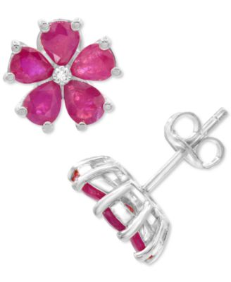 Macy's - Lab-Created Ruby (3-1/8 ct. t.w.) & Diamond Accent Flower Stud Earrings in Sterling Silver