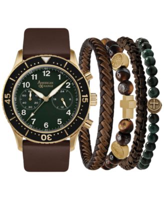 American Exchange - Men's Faux-Leather Strap Watch 44mm Gift Set