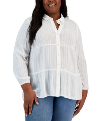 Style & Co - Plus Size Long-Sleeve Point-Collar Tiered Shirt