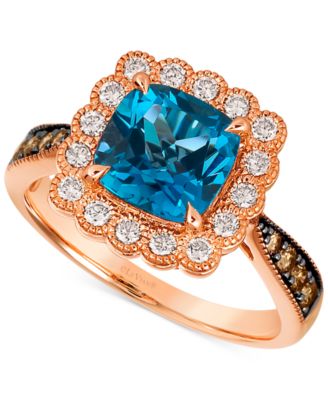 Le Vian - Deep Sea Blue Topaz (2-1/2 ct. t.w.), Nude Diamonds (3/8 ct. t.w.) & Chocolate Diamonds (1/5 ct. t.w.) Cushion Halo Ring in 14k Rose Gold
