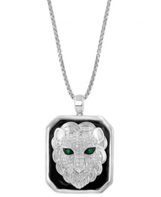 EFFY Collection - Men's Diamond (1/2 ct. t.w.) & Emerald Accent Black Enamel Lion 22" Pendant Necklace in Sterling Silver