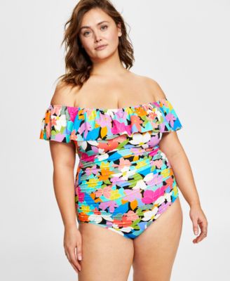 Swim Solutions - Plus Size Tummy Control Off-The-Shoulder Ruffles Swimsuit