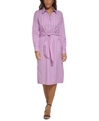 Donna Karan - Women's Striped Button-Placket Tie-Waist Dress