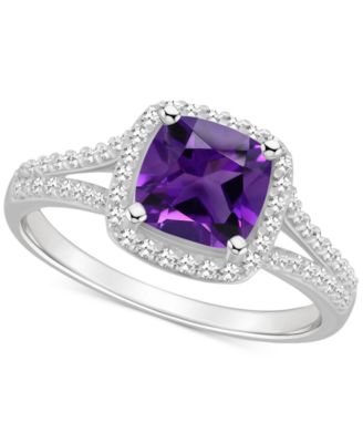 Macy's - Amethyst (1-1/2 ct. t.w.) & Diamond (1/4 ct. t.w.) Cushion Halo Split Shank Ring in Sterling Silver (Also in Citrine, Garnet, Peridot, & Blue Topaz)