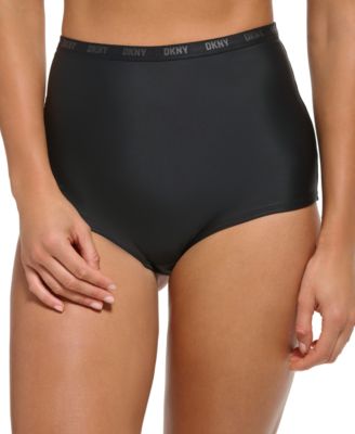 DKNY - Women's Solid High-Waist Logo Elastic Boy-Short Swim Bottoms
