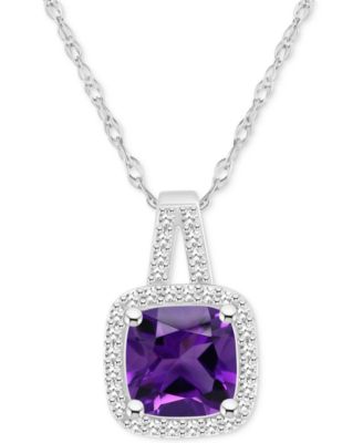 Macy's - Amethyst (1-1/2 ct. t.w.) & Diamond (1/6 ct. t.w.) Cushion Halo 18" Pendant Necklace in Sterling Silver (Also in Citrine, Garnet, Peridot, & Blue Topaz)