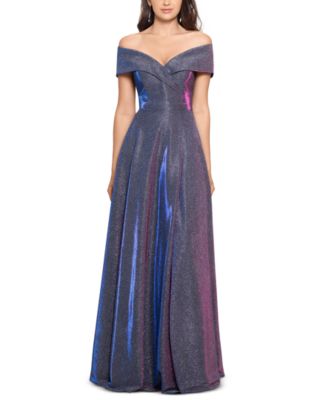 XSCAPE - Off-The-Shoulder Shimmer Wrap Gown