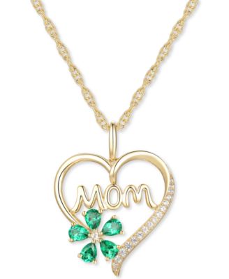 Macy's - Lab-Created Emerald (5/8 ct. t.w.) & Lab-Created White Sapphire (1/10 ct. t.w.) Mom 18" Pendant Necklace in 10k Gold