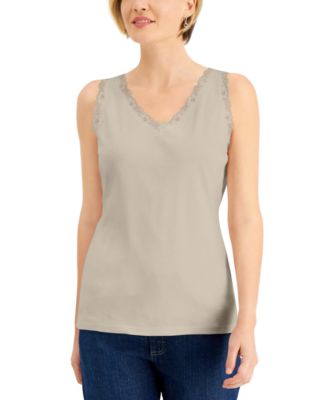 Karen Scott - Cotton Scalloped-Lace Tank Top