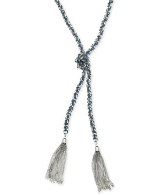 GUESS - Silver-Tone Woven Blue Twisted Tassel Lariat Necklace