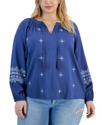 Style & Co - Plus Size Embroidered Textured Split-Neck Top