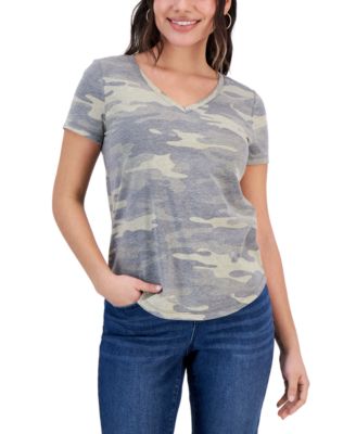 Style & Co - Petite Cloud Print V-Neck Perfect T-Shirt