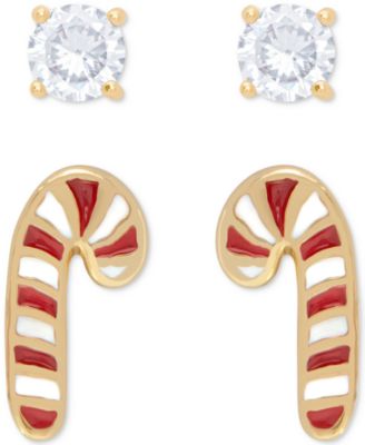 Macy's - 2-Pc. Set Lab-Created White Sapphire (1/3 ct. t.w.) & Enamel Candy Cane Stud Earrings in 14k Gold-Plated Sterling Silver