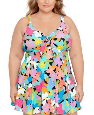Swim Solutions - Plus Size Tummy Control Bow-Front Printed Swimdress