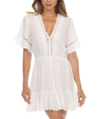 Raviya - Women's V-Neck Short-Sleeve Lace-Trim Dress Cover-Up