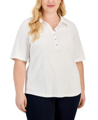 Karen Scott - Plus Size Cotton Polo-Collar Short-Sleeve Top