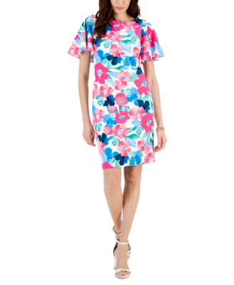 Kasper - Printed Scuba Crepe Sheath Flutter Sleeve Dress