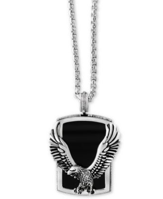 EFFY Collection - Men's Onyx (31 x 20 mm) Eagle Pendant Necklace in Sterling Silver and Oxidized Silver