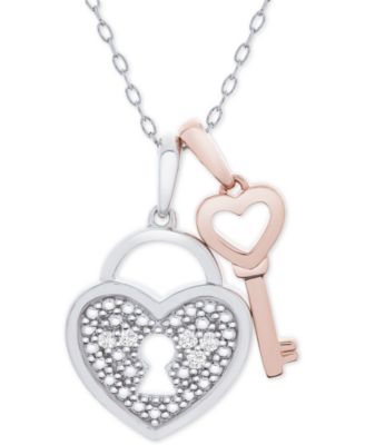 Macy's - Diamond Accent Heart Lock & Key 18" Pendant Necklace in Sterling Silver & 14k Rose Gold-Plate