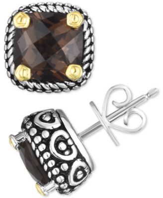 Macy's - Smoky Quartz Two-Tone Stud Earrings (4 ct. t.w.) in Sterling Silver & 14k Gold