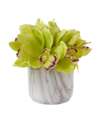 Nearly Natural - Cymbidium Orchid Artificial Arrangement in Marble Vase