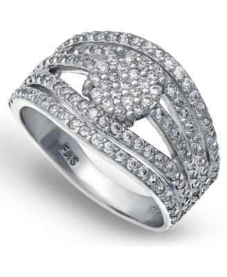 Macy's - Cubic Zirconia Pave Multi Row Ring with Disc Center in Fine Silver Plate