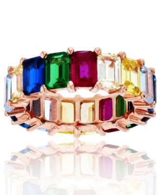Macy's - Rainbow Colored Emerald Cut Cubic Zirconia Eternity Band in 14k Rose Gold Plated Sterling Silver