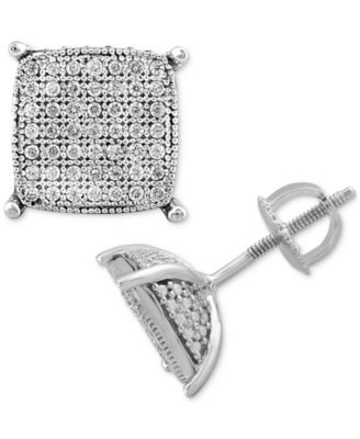 Macy's - Men's Diamond Cushion Cluster Stud Earrings (1/4 ct. t.w.) in Sterling Silver