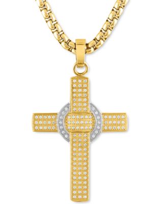 Macy's - Men's Diamond Cross 22" Pendant Necklace (1 ct. t.w.) Stainless Steel & Gold-Tone Ion-Plate