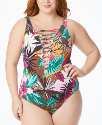 Bleu by Rod Beattie - Plus Size Run Wild Printed Lace-Up One-Piece Swimsuit