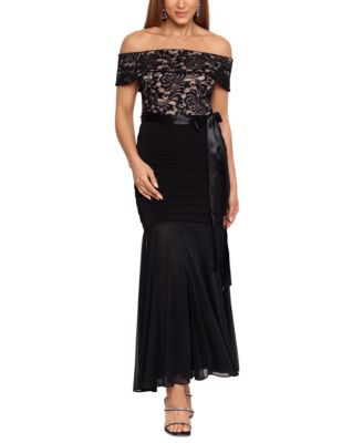Betsy & Adam - Petite Lace-Top Off-The-Shoulder Gown