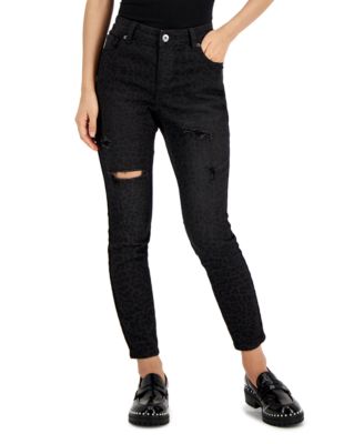 I.N.C. International Concepts - Petite Mid-Rise Ripped Animal-Print Skinny Jeans