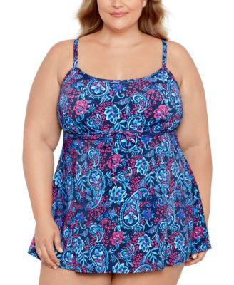 Swim Solutions - Plus Size Tummy Control Printed Tie-Waist Swim Dress