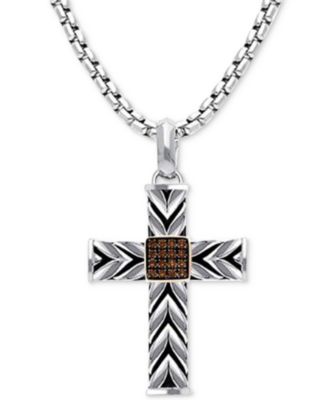 Le Vian - Men's Chocolate Diamond Textured Cross 22" Pendant Necklace (1/8 ct. t.w.) in Sterling Silver & 14k Rose Gold-Plate