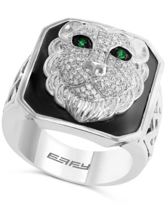 EFFY Collection - Men's Diamond (1/2 ct. t.w.) & Emerald Accent Black Enamel Lion Ring in Sterling Silver