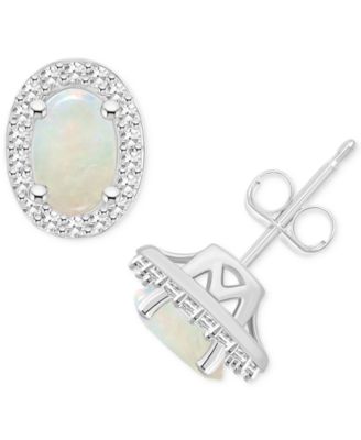 Macy's - Aquamarine (3/4 ct. t.w.) & Diamond (1/6 ct. t.w.) Oval Halo Stud Earrings in Sterling Silver (Also in Opal)