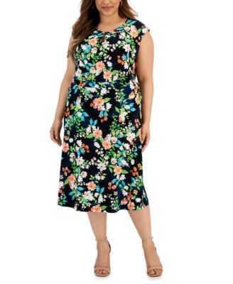 Kasper - Plus Size Floral-Print Keyhole Top & Midi Skirt