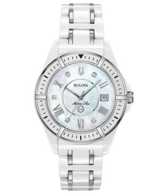 Bulova - Women's Marine Star Diamond-Accent White & Silver-Tone Ceramic Bracelet Watch 37mm