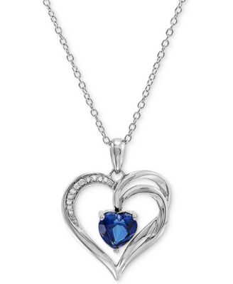 Macy's - Lab Created Ceylon Sapphire (1-5/8 ct. t.w.) & Diamond Accent Heart 18" Pendant Necklace in Sterling Silver