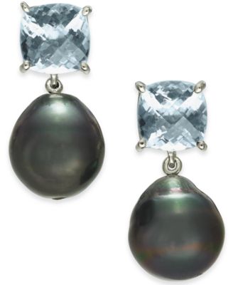 Macy's - Cultured Tahitian Pearl (12mm) & Aquamarine (5 ct. t.w.) Drop Earrings in Sterling Silver